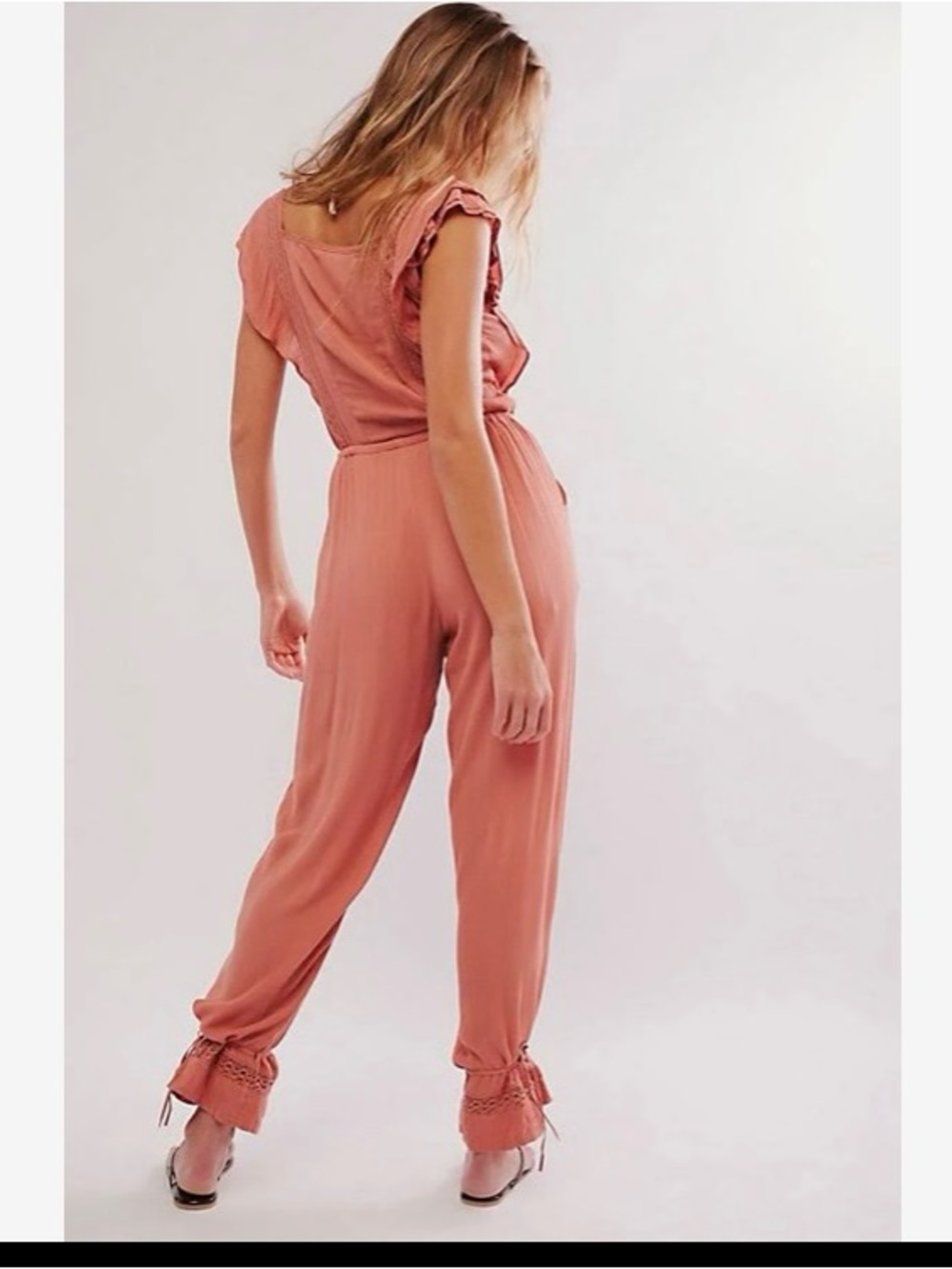 NWOT Free People One
Sydney Jumpsuit Coral Lace Gauze Tie Ankle
Boho XS